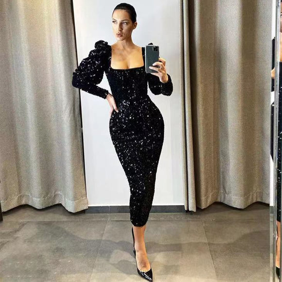 New Winter Women Black Sequin Slash Neck Knee Length Dress Sexy Long Sleeve Club Celebrity Evening Runway Party Dress