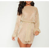 Gold Balloon Sleeve Party Dress With Waist Tie