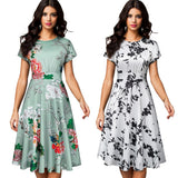 Vintage Elegant Floral Print Pleated Round Neck