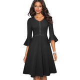 Autumn Elegant Pure Color with Flared Sleeve Dresses Cocktail Party Women Swing A-line Dress A221