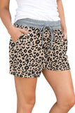 Khaki Leopard Print Drawstring Waist Summer Casual Shorts