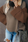 Khaki Color Block Warm Turtleneck Pullover Knit Sweater