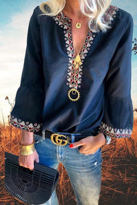 Navy Blue Boho Floral V Neck Long Sleeve Casual Blouses Top
