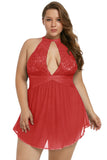 Red Plus Size Sheer Fantasy Cutout Babydoll Set