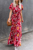 Red Floral Button Ruffle Short Sleeve Maxi Dress