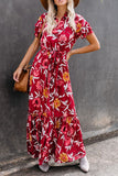 Red Floral Button Ruffle Short Sleeve Maxi Dress