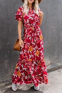 Red Floral Button Ruffle Short Sleeve Maxi Dress