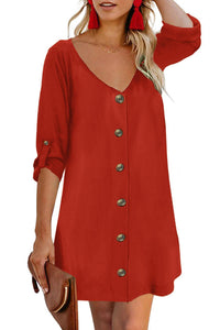 Red V Neck Button Front Roll up Tab Sleeve Casual Dress