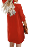 Red V Neck Button Front Roll up Tab Sleeve Casual Dress