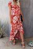 Red High Low Deep V Tie Floral Maxi Dress