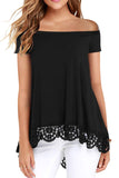 Short Sleeve Black Off Shoulder A-Line Lace Trim Blouse