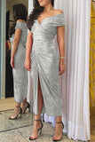 Silver Glitter Off Shoulder Ruched Slit Midi Party Dress