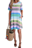 Sky Blue Striped Color Block Short Sleeve Casual T-Shirt Dress