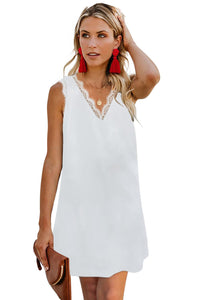 Summer Eyelash V Neck Sleeveless Shift Mini White Dress