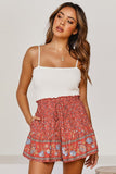 Summer Red Floral Print A-line Elastic Waist Boho Shorts