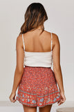 Summer Red Floral Print A-line Elastic Waist Boho Shorts