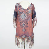 Tribal Print Fringe Finish Top - Burgundy