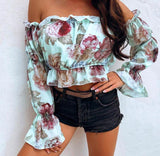 Vintage Floral Print Women Blouse Shirt Off Shoulder Crops Tops and