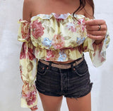 Vintage Floral Print Women Blouse Shirt Off Shoulder Crops Tops and