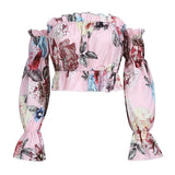 Vintage Floral Print Women Blouse Shirt Off Shoulder Crops Tops and
