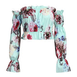 Vintage Floral Print Women Blouse Shirt Off Shoulder Crops Tops and