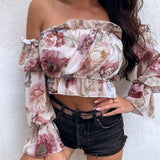Vintage Floral Print Women Blouse Shirt Off Shoulder Crops Tops and