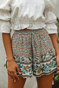 White Floral Print A-line Elastic Waist Summer Boho Shorts