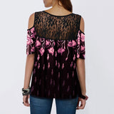 Cold Shoulder Printed Lace Patchwork Blouse Tops Short Sleeve