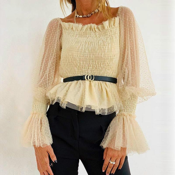 Mesh Lantern Sleeve High Waist Pleated Chiffon