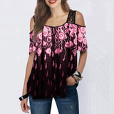 Cold Shoulder Printed Lace Patchwork Blouse Tops Short Sleeve