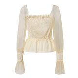 Mesh Lantern Sleeve High Waist Pleated Chiffon