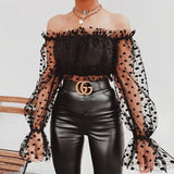 Off Shoulder Lantern Sleeve See Through Dot Blouse