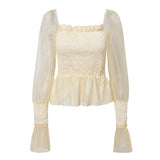 Mesh Lantern Sleeve High Waist Pleated Chiffon