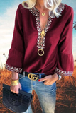 Red Long Sleeve Casual Floral V Neck Boho Blouses Top