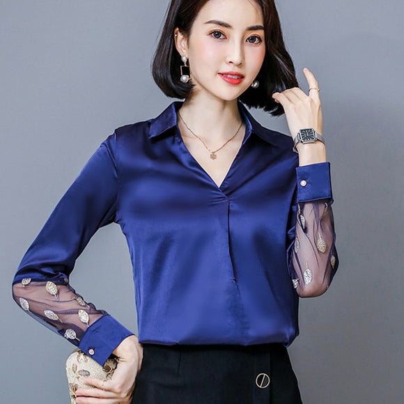 Korean Silk Women Shirts Elegant Women Satin Blouses Office Lady V Neck Shirt Plus Size Woman Long Sleeve Lace Patchwork Blouse