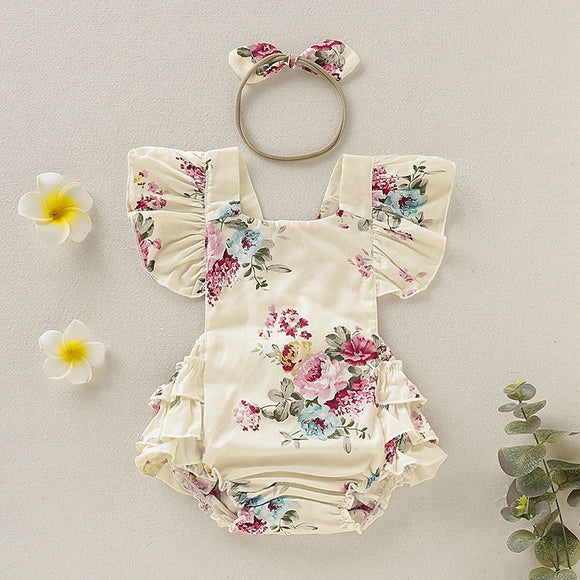 Summer Cute Baby Girls Romper Jumpsuit Headband Floral Outfits Sunsuit Set New 0-18M Children Kids Clothes Hot