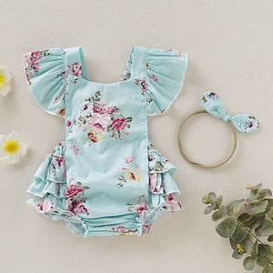 Summer Cute Baby Girls Romper Jumpsuit Headband Floral Outfits Sunsuit Set New 0-18M Children Kids Clothes Hot