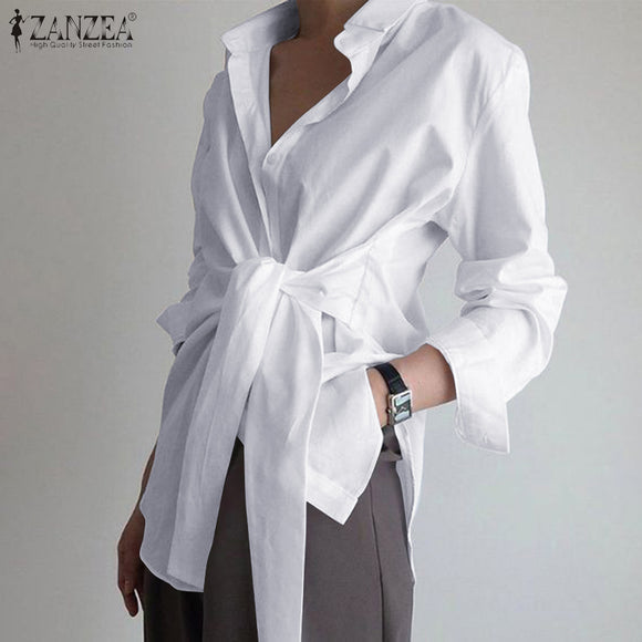 Fashion Women Long Sleeve Blouse ZANZEA Casual Lace Up Shirts Elegant Lapel Neck OL Asymmetric Tops Spring Blusas Femininas 7