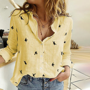 Women's Birds Print Shirts  Long Sleeve Female Tops Spring Summer.