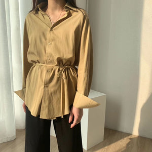 Toppies white cotton linen tops blouses korean long sleeve khaki shirts drawstring waist oversized tops 2020