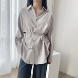 Toppies white cotton linen tops blouses korean long sleeve khaki shirts drawstring waist oversized tops 2020