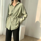 Toppies white cotton linen tops blouses korean long sleeve khaki shirts drawstring waist oversized tops 2020