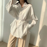 Toppies white cotton linen tops blouses korean long sleeve khaki shirts drawstring waist oversized tops 2020