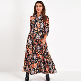 Floral Print Maxi Dress Women Three Quarter Sleeve Long Dress