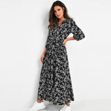 Floral Print Maxi Dress Women Three Quarter Sleeve Long Dress