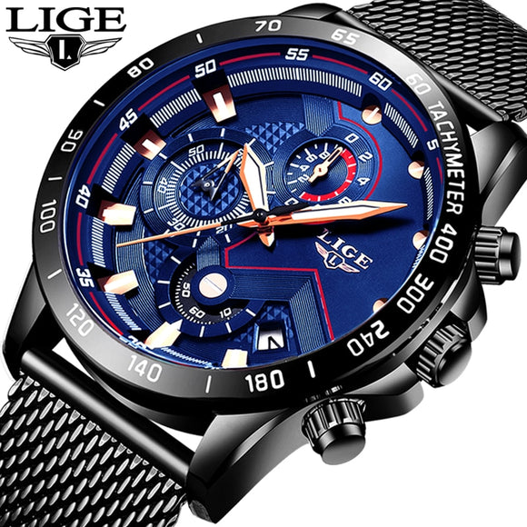 New Mens LIGE Fashion Casual Watch For Men Date Quartz Wrist Watches Sport Chronograph Mesh Belt Steel Watch Relojes Hombre