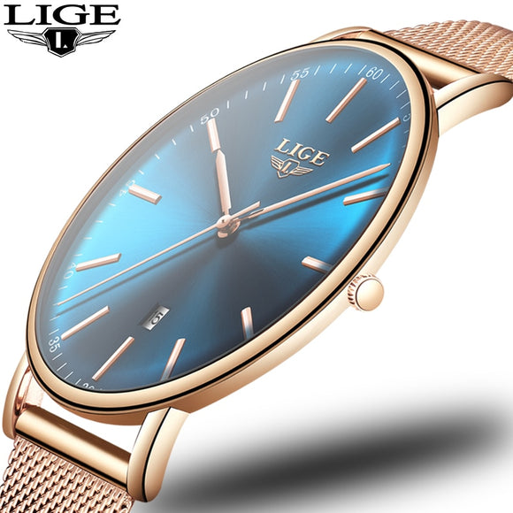 Women's Watch LIGE Top Brand Luxury Women Fashion Casual All Steel Ultra-Thin Mesh Belt Quartz Clock Relogio Feminino+Box